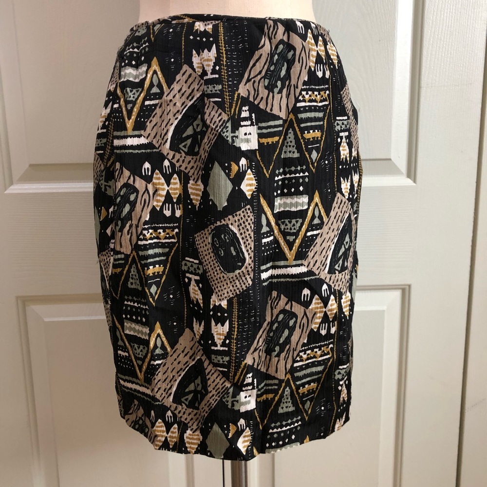 1990s VTG Finity 💯 Silk Aztec Art Work Wrap Lined Skirt Black Sz 8